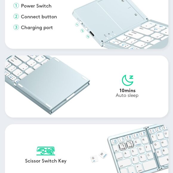 Full Size Foldable Bluetooth Keyboard with Touchpad - NWT - Picture 5 of 5